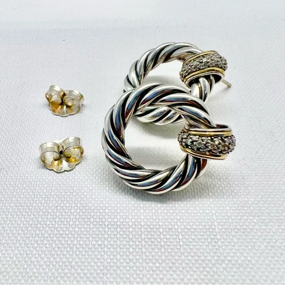 David Yurman Sterling Silver 18k Diamond Cable Door Knocker Earrings - Picture 7 of 12